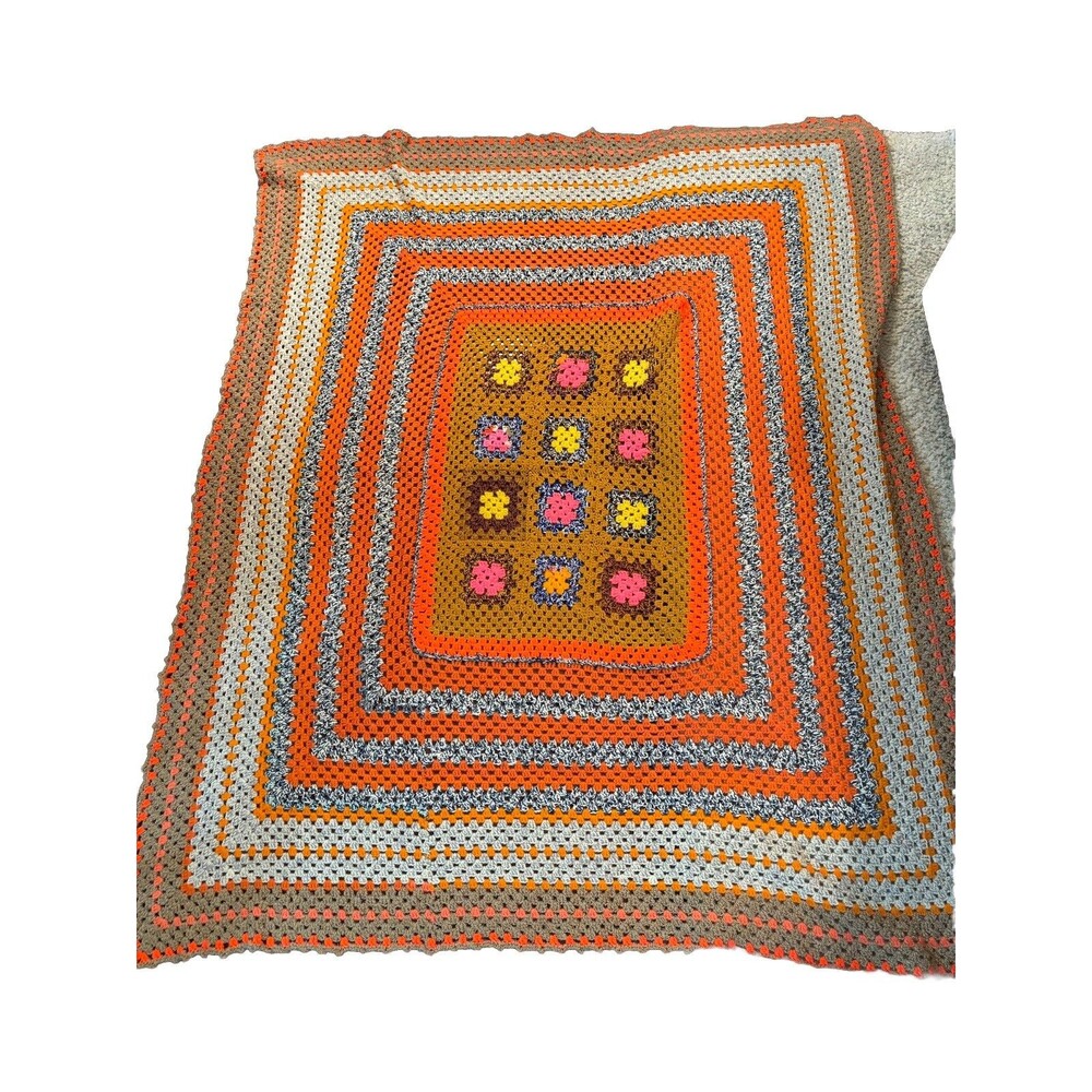 Vtg Handmade Crochet Afghan Throw Blanket 66”x83” Retro Boho  Granny Square